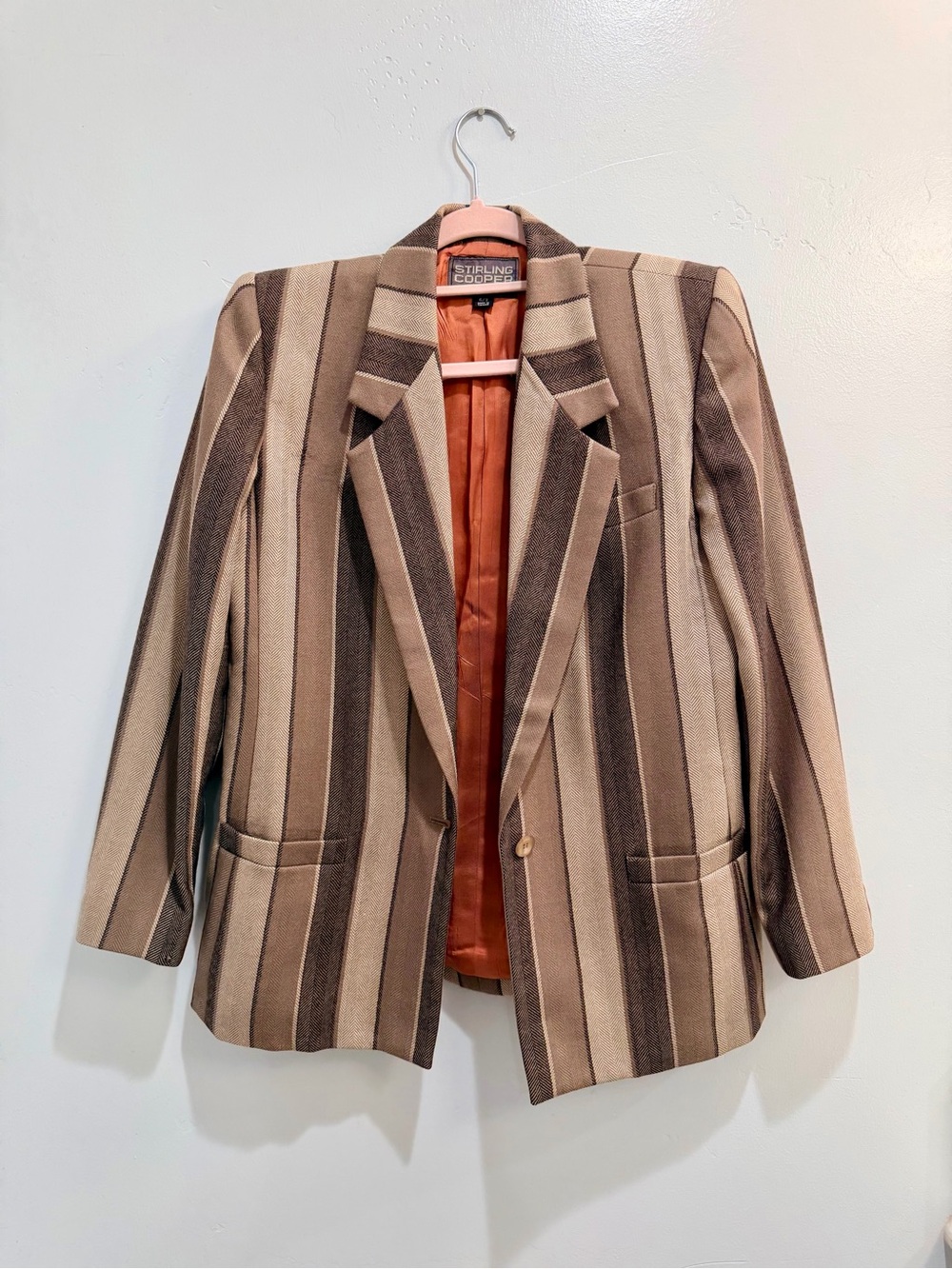 Vintage 90s Stirling Cooper London NY 100% Wool Striped Herringbone Blazer Brown - Picture 10 of 13